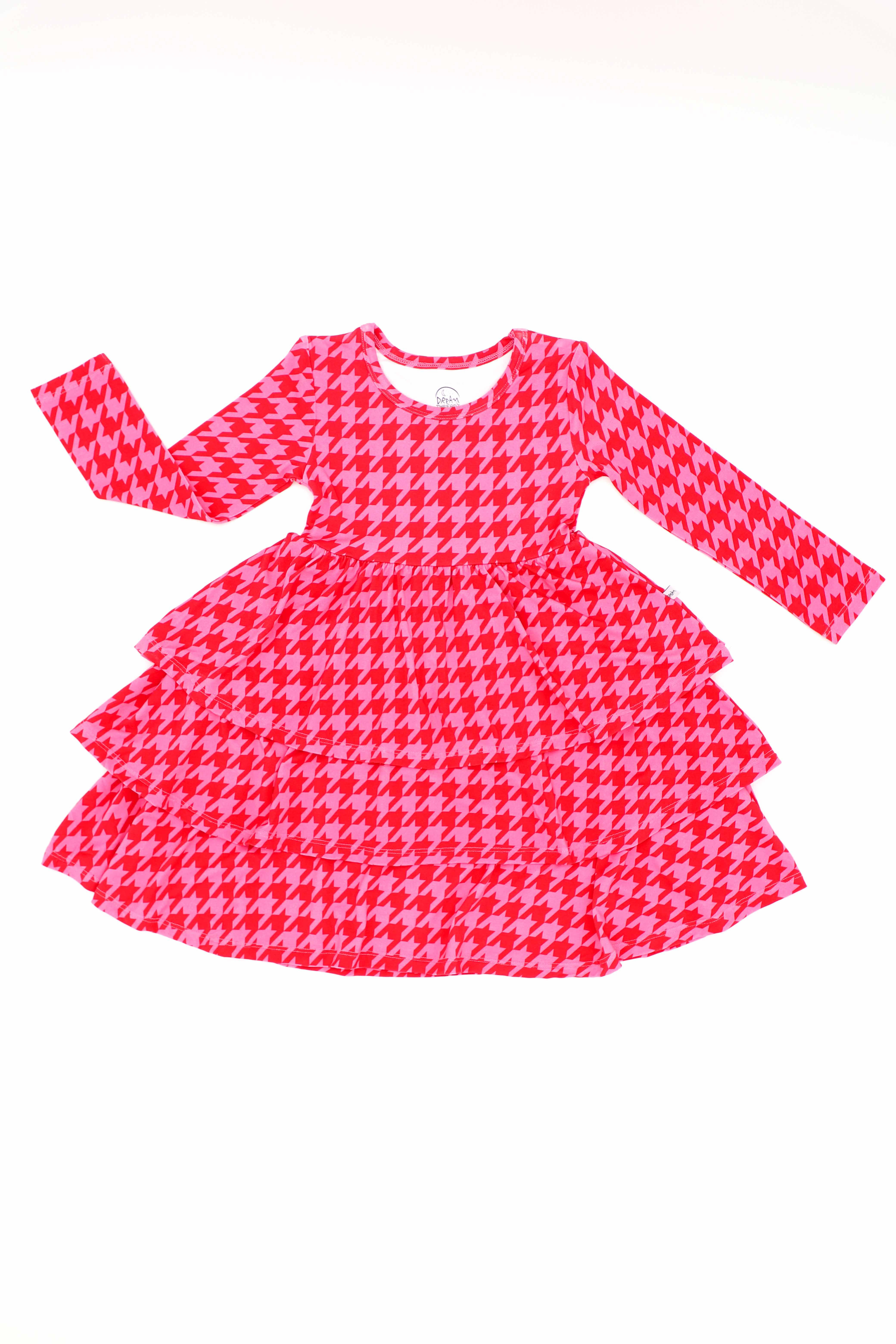 Cherry n' Berry Houndstooth Kids (Triple Ruffle Long Sleeve Dress)