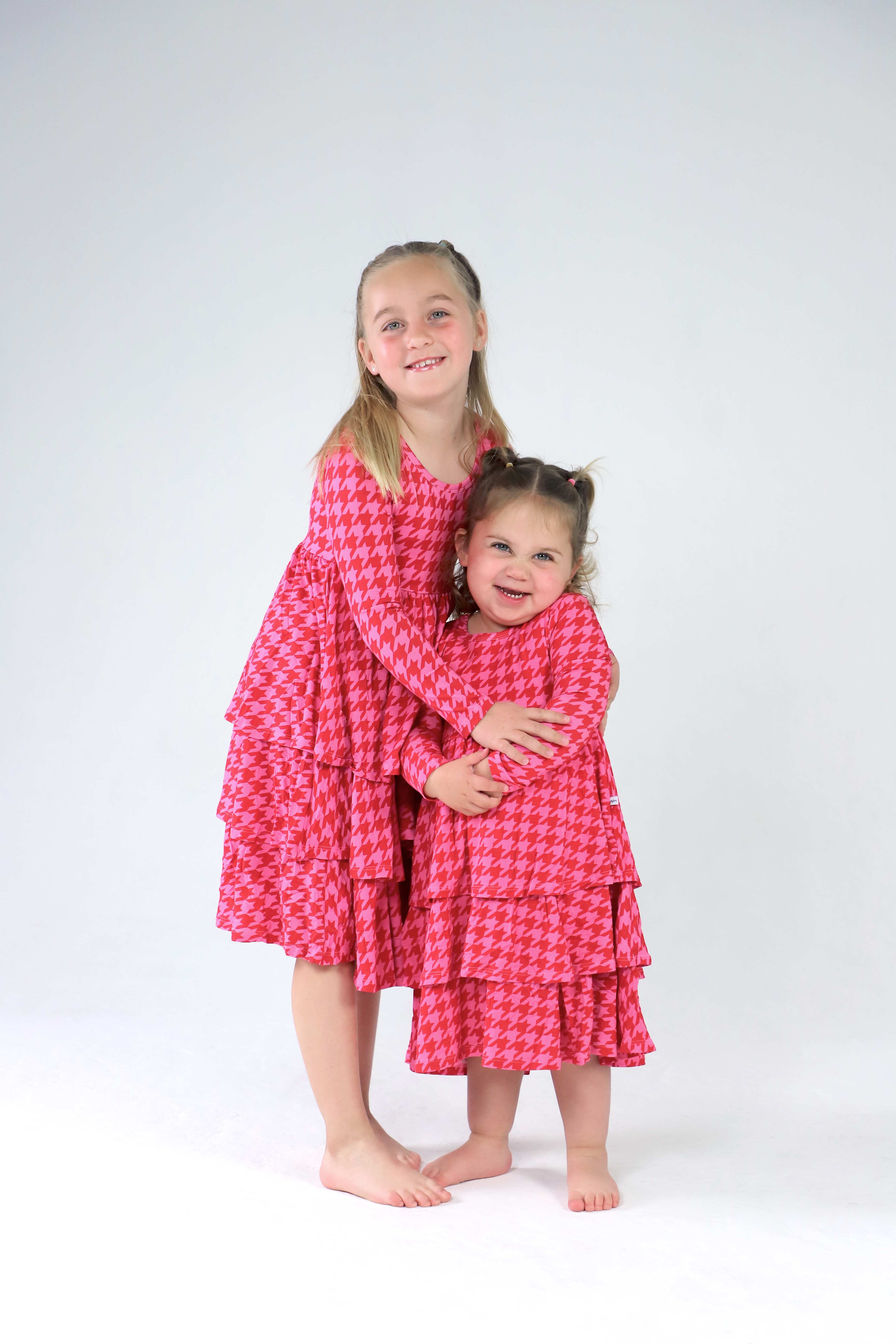 Cherry n' Berry Houndstooth Kids (Triple Ruffle Long Sleeve Dress)