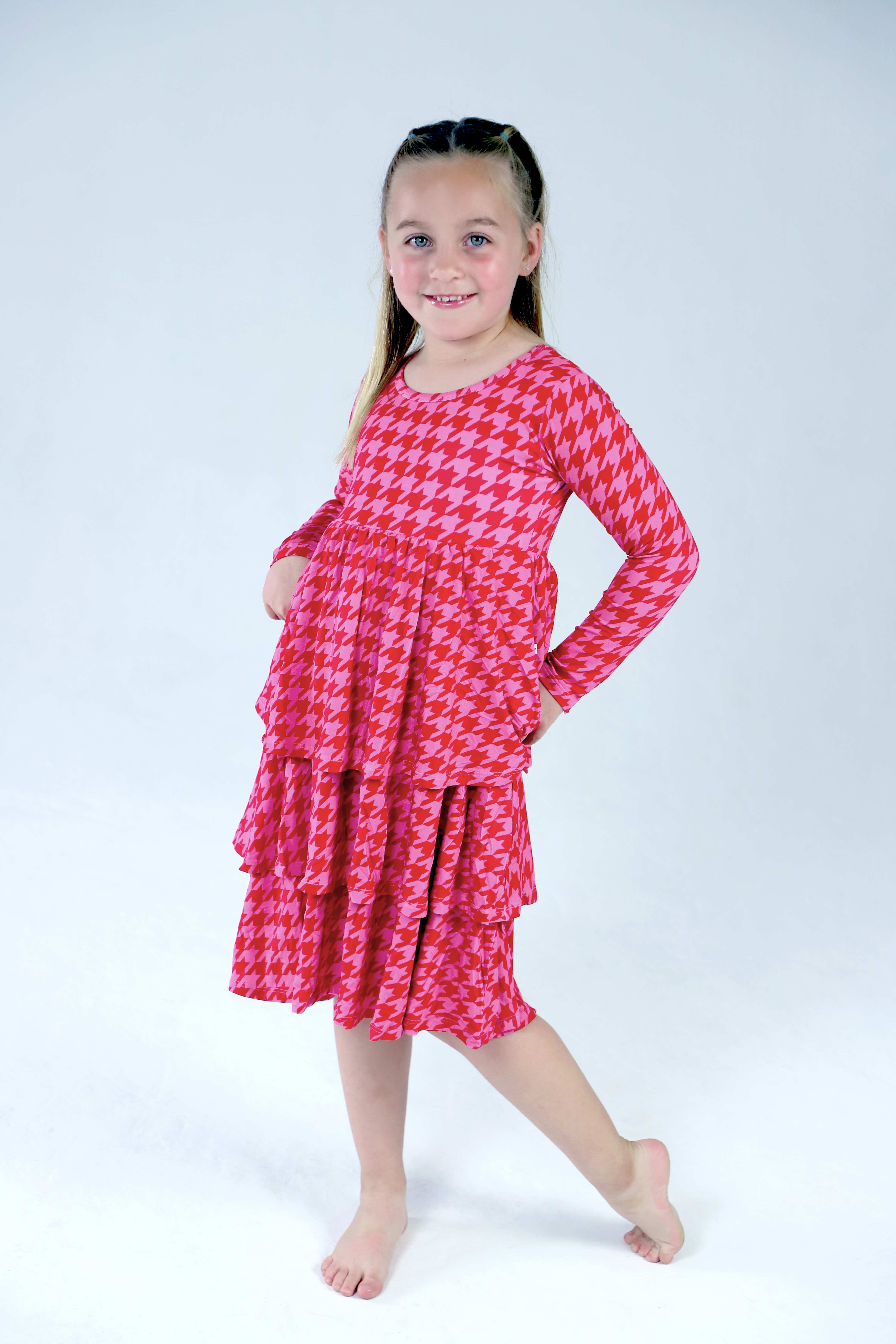 Cherry n' Berry Houndstooth Kids (Triple Ruffle Long Sleeve Dress)